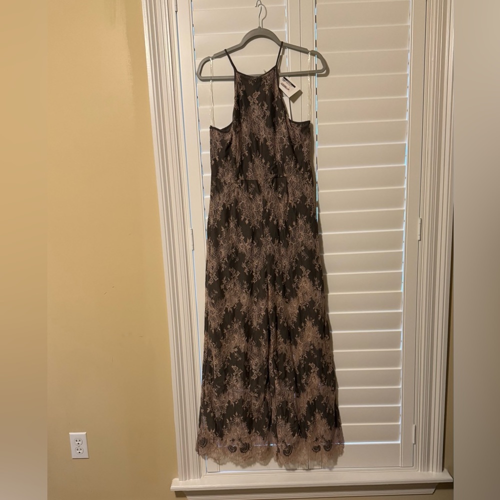 Evening Jumpsuit in Brown with Pink Lace Overlay